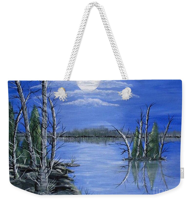 Landscape Weekender Tote Bag featuring the painting Moonlight Mist by Brenda Brown