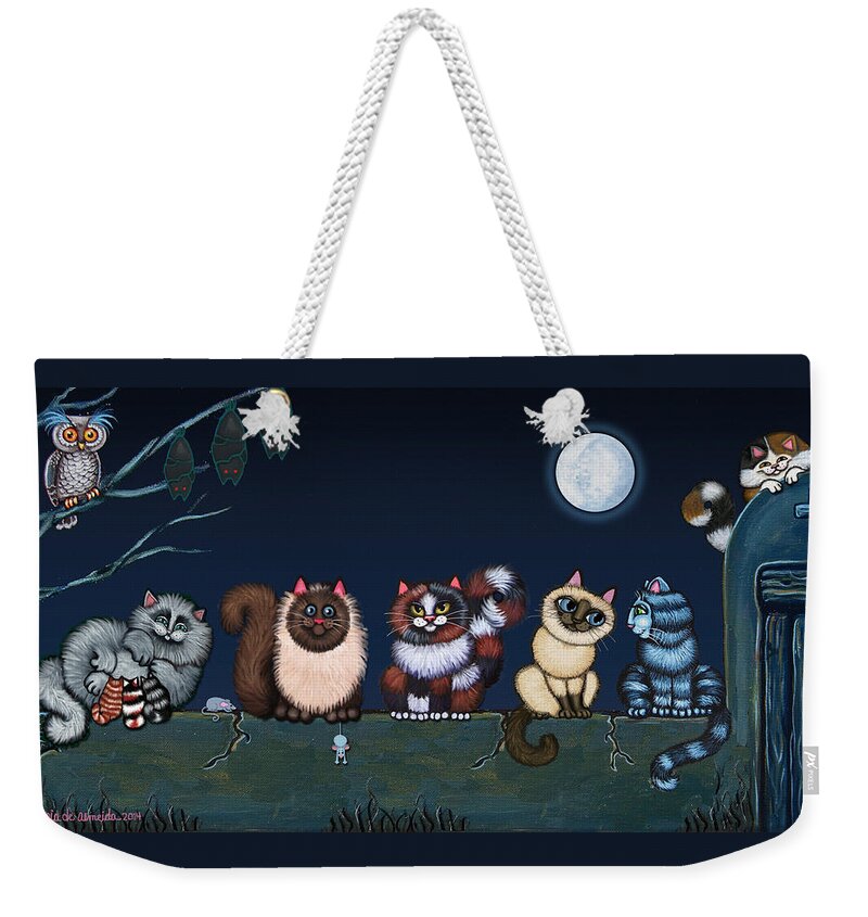 Cat Weekender Tote Bag featuring the painting Moonlight On The Wall by Victoria De Almeida