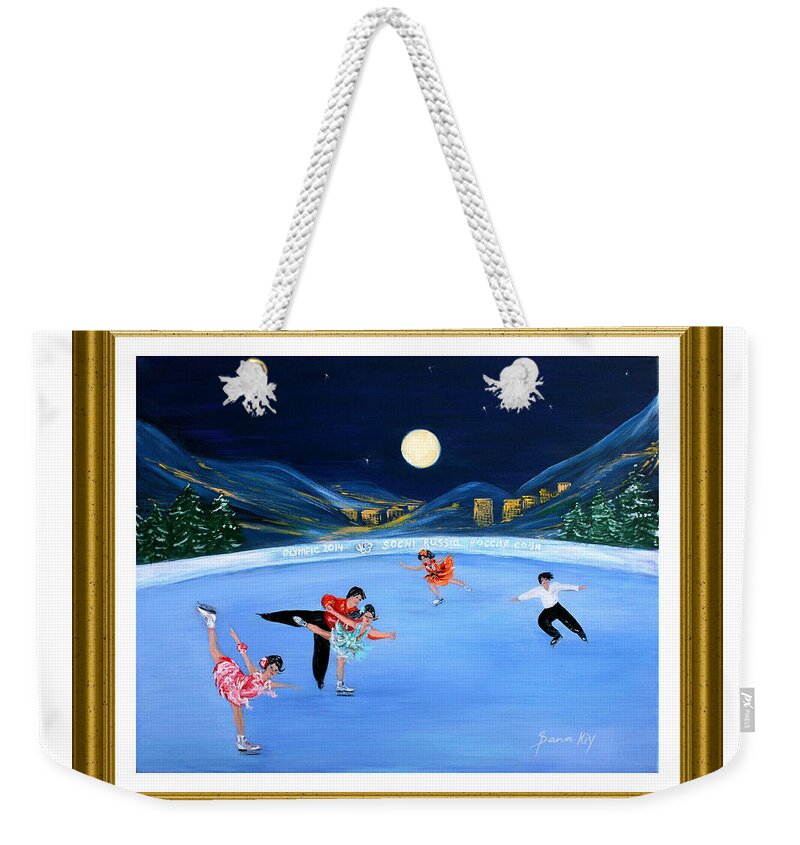 Moonlight Skating Weekender Tote Bag featuring the painting Moonlight Skating. Inspirations Collection. Card by Oksana Semenchenko