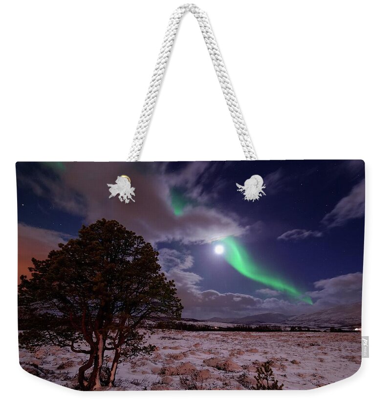 Tranquility Weekender Tote Bag featuring the photograph Moonlight With Northern Lights by John Hemmingsen