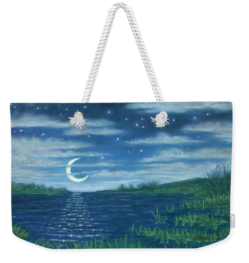 Moonlit Weekender Tote Bag featuring the pastel Moonlit Lagoon by Michael Heikkinen