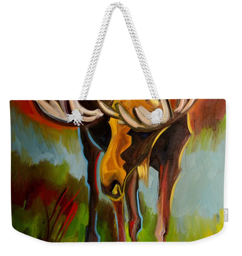 Moose Oil Painting By Diane Whitehead Fine Art Weekender Tote Bag featuring the painting Moose Pond by Diane Whitehead