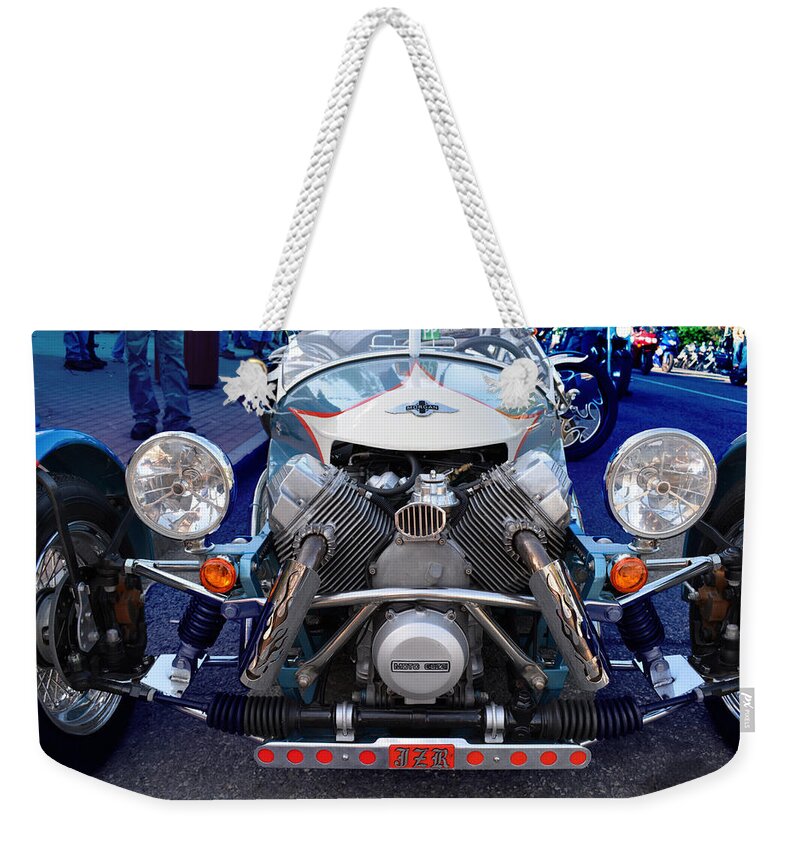 Automobiles Weekender Tote Bag featuring the photograph Morgan Aero Frontal by John Schneider