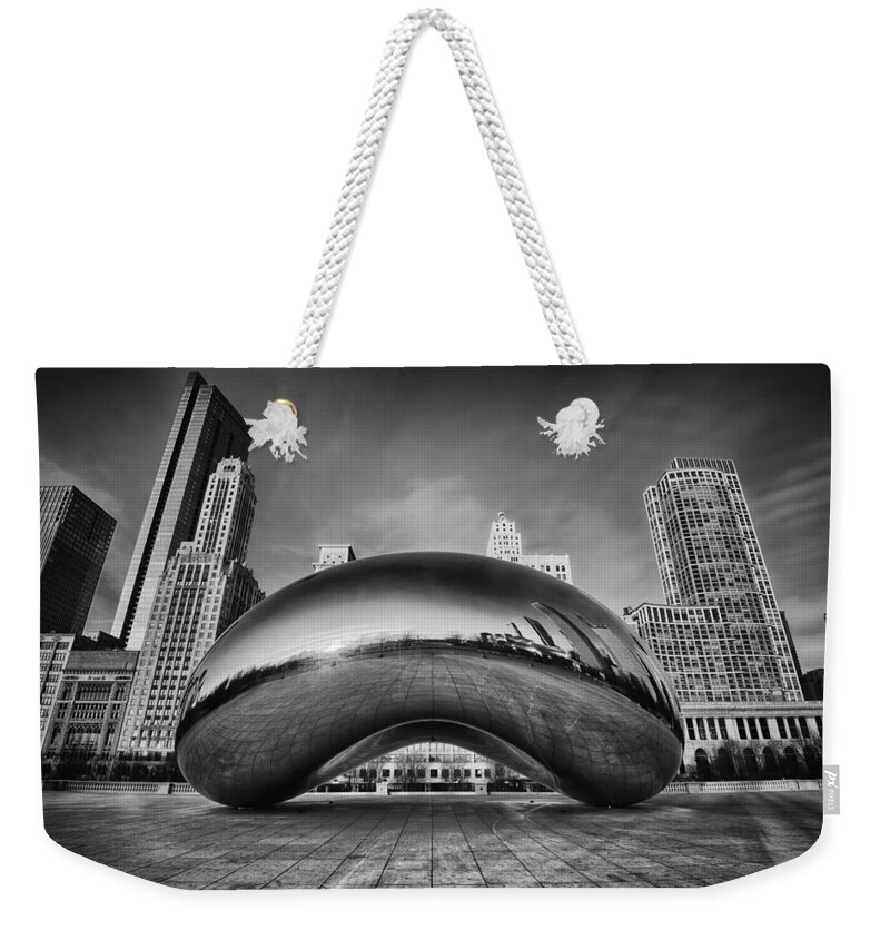 Chicago Cloud Gate Weekender Tote Bag featuring the photograph Morning Bean in Black and White by Sebastian Musial