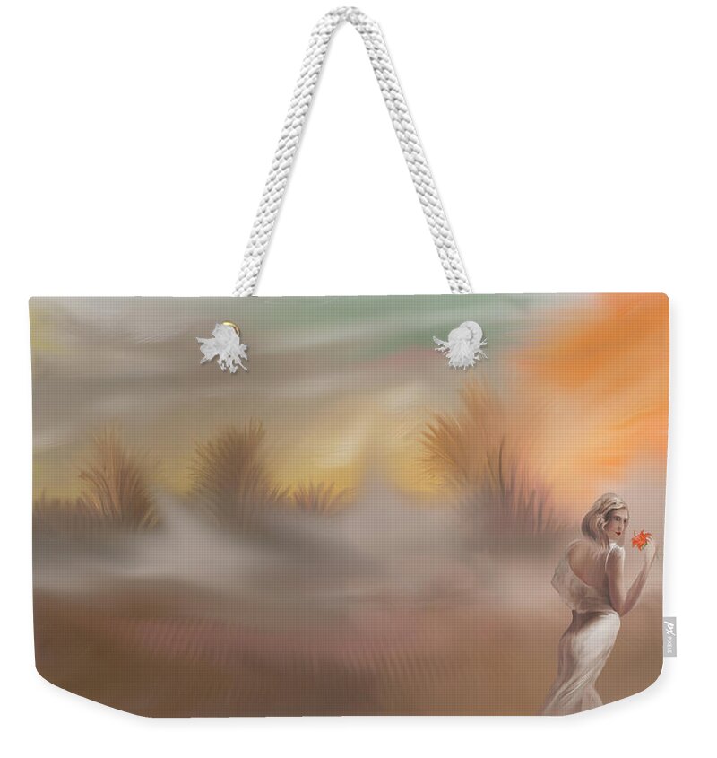 Morning Fog In The Fields With Lady Weekender Tote Bag featuring the painting Morning Fog in the Fields with Lady by Angela Stanton