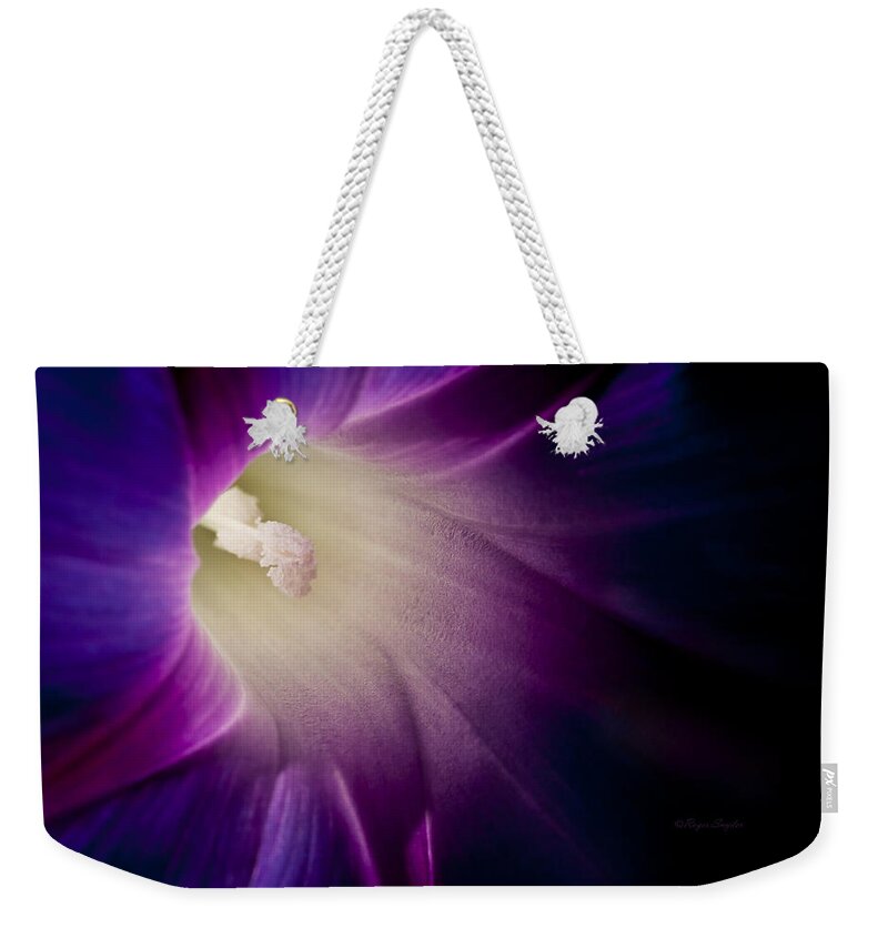 Purple Weekender Tote Bag featuring the photograph Morning Glory Purple by Roger Snyder