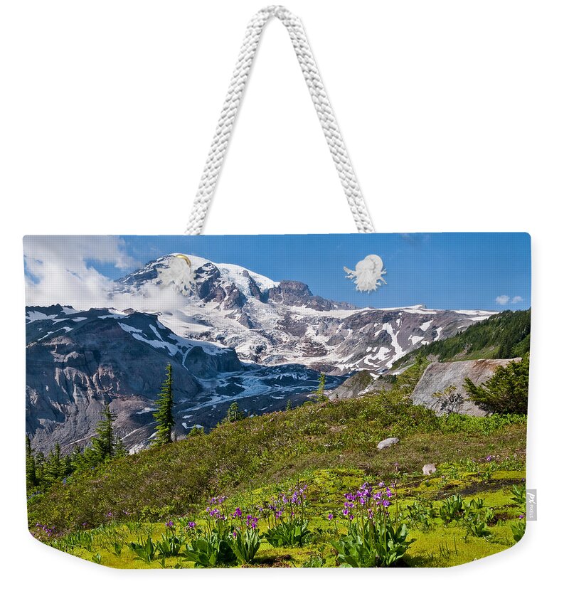 Alpine Weekender Tote Bag featuring the photograph Moss and Shooting Star on the Nisqually Moraine by Jeff Goulden
