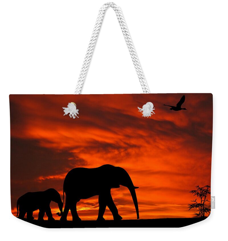 Elephant Weekender Tote Bag featuring the photograph Mother and Baby Elephants Sunset Silhouette Series by David Dehner