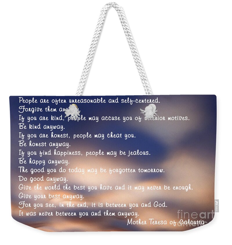 Gods Love Weekender Tote Bag featuring the photograph Mother Teresa of Calcutta by Sharon Elliott