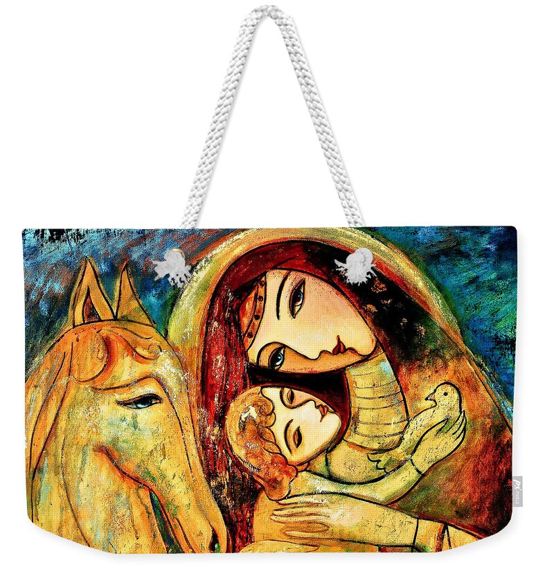 Mother And Child Weekender Tote Bag featuring the painting Mother with Child on horse by Shijun Munns