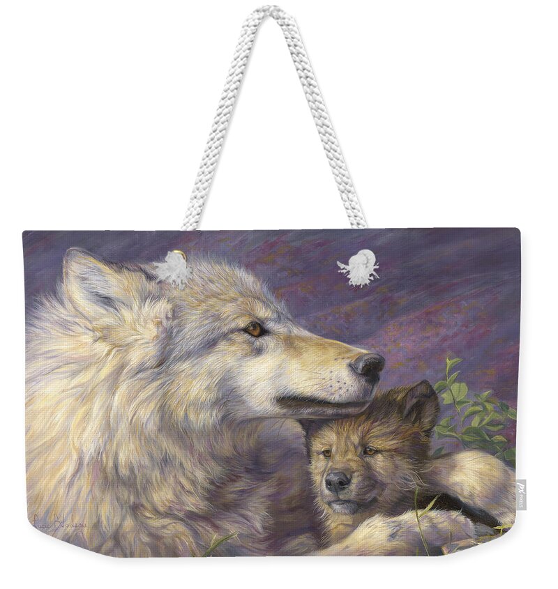 Wolf Weekender Tote Bag featuring the painting Mother's Love by Lucie Bilodeau