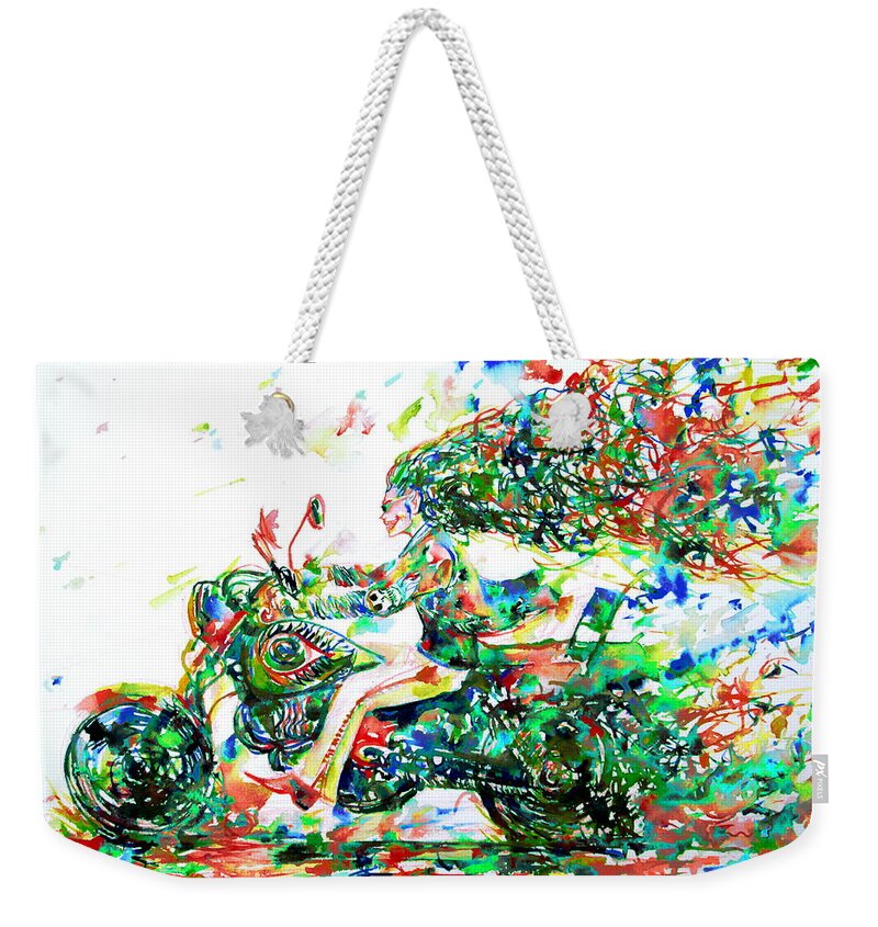 Motorbike Weekender Tote Bag featuring the painting Motor Demon Running Fast by Fabrizio Cassetta