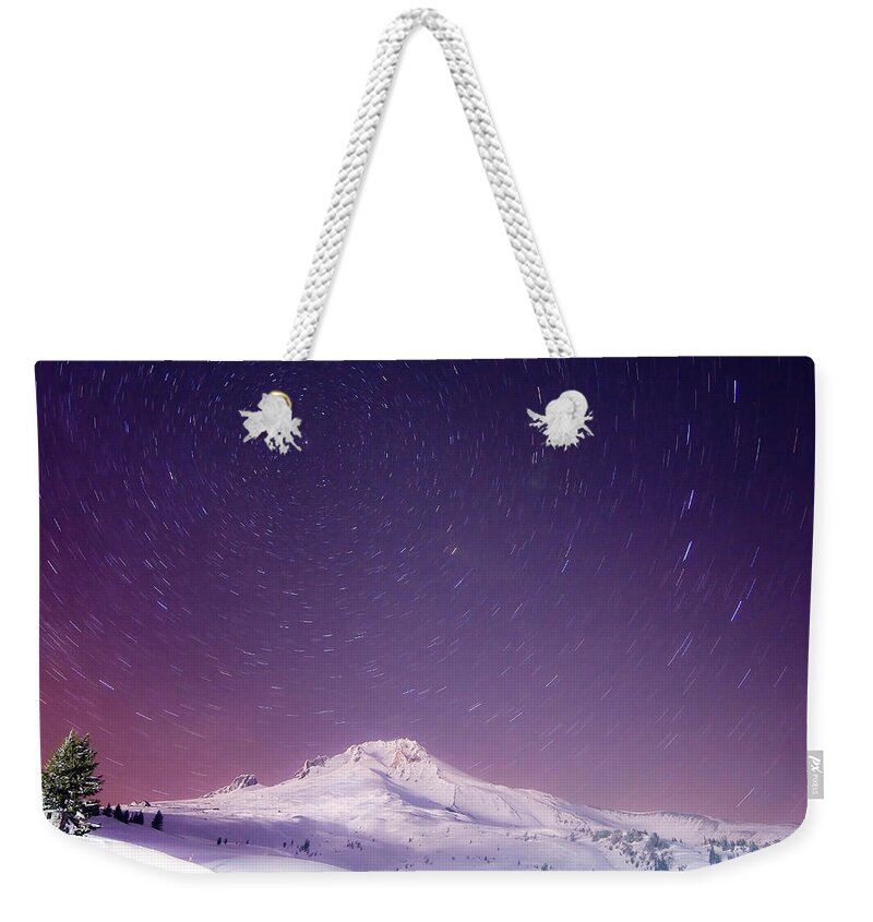  Snowfall Weekender Tote Bag featuring the photograph Mount Hood and Stars by Darren White