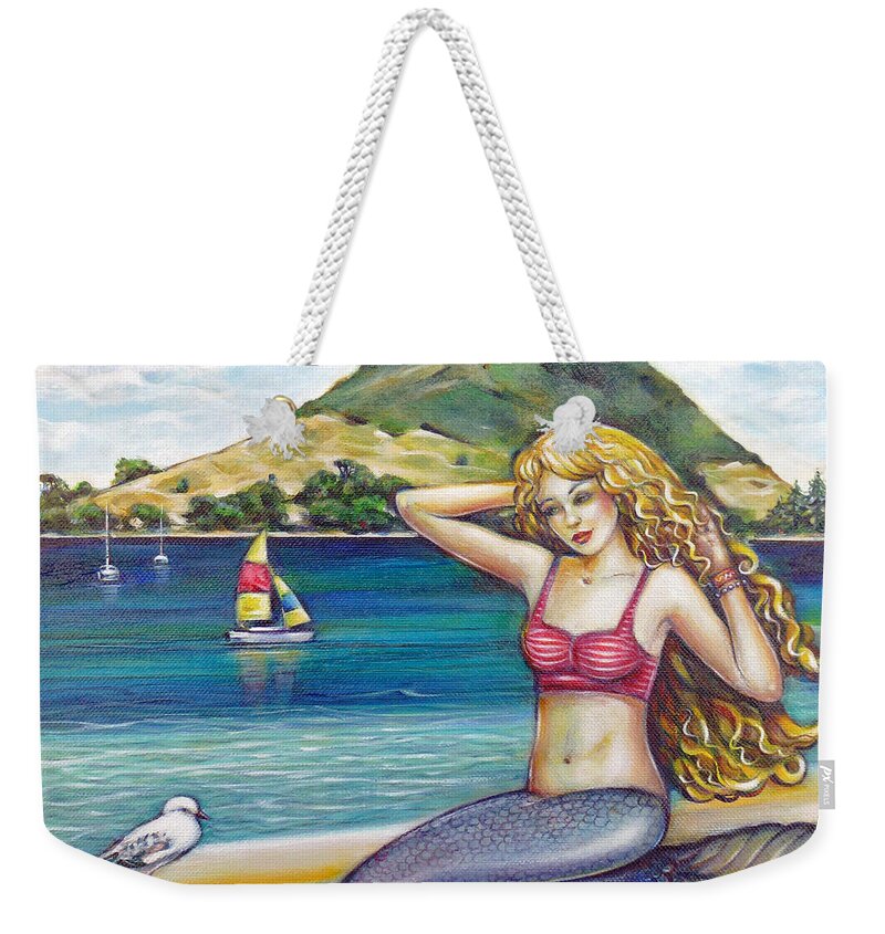 Mermaid Weekender Tote Bag featuring the painting Mount Maunganui Beach Mermaid 160313 #2 by Selena Boron