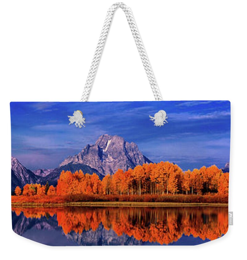 Grand Tetons National Park Weekender Tote Bag featuring the photograph Mount Moran and fall color Grand Tetons by Dave Welling