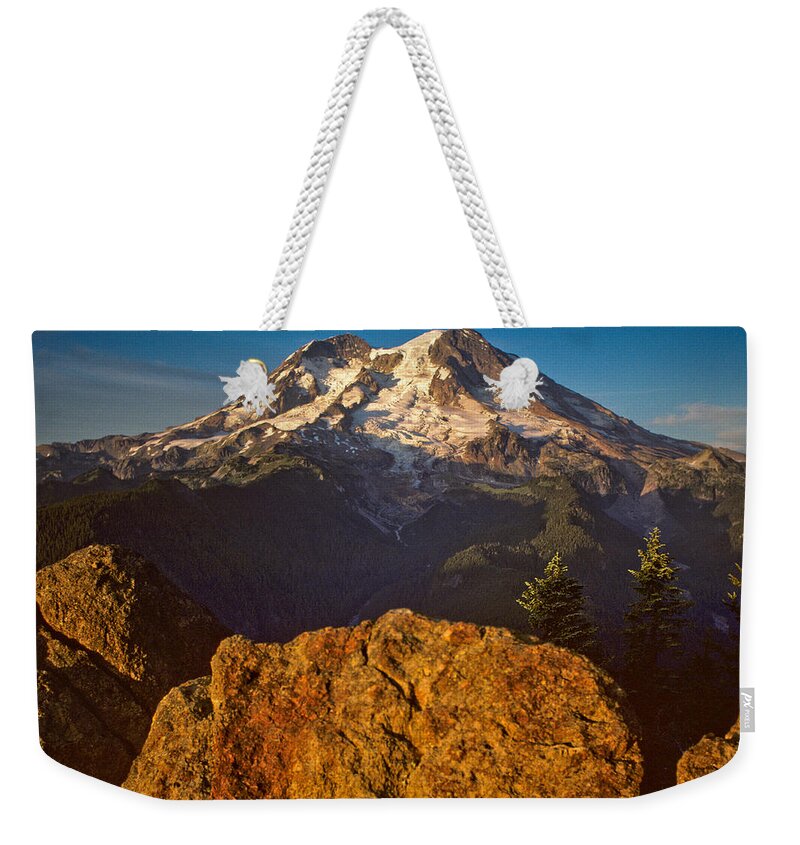 Awe Weekender Tote Bag featuring the photograph Mount Rainier at Sunset with Big Boulders in Foreground by Jeff Goulden