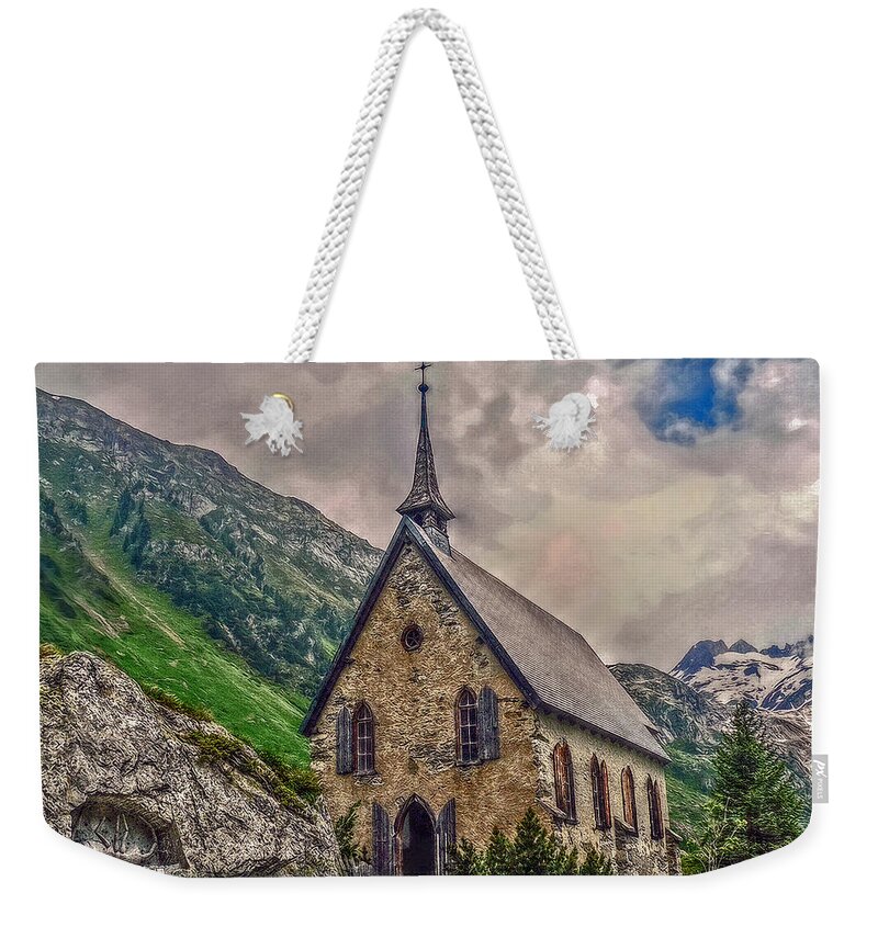 Switzerland Weekender Tote Bag featuring the photograph Mountain Chapel by Hanny Heim