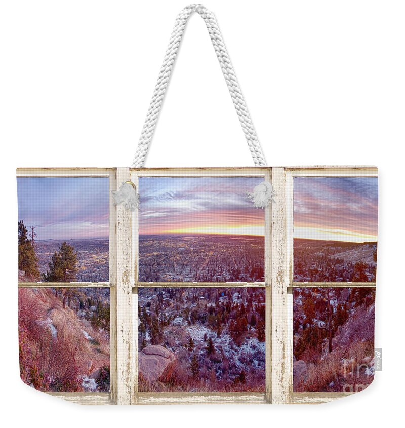 Mountains Weekender Tote Bag featuring the photograph Mountain City White Rustic Barn Picture Window View by James BO Insogna