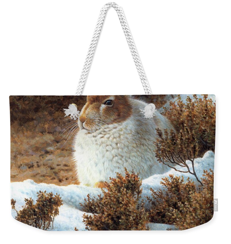 Animal Weekender Tote Bag featuring the photograph Mountain Hare In Snow In Winter by Ikon Ikon Images