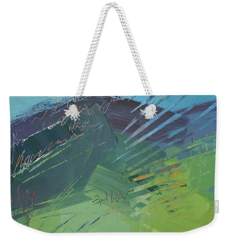 Mountain Weekender Tote Bag featuring the painting Mountain High by Linda Bailey