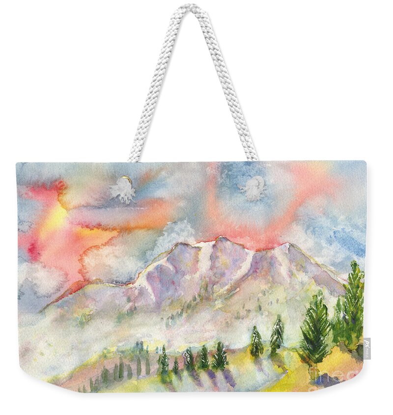 Mountains Weekender Tote Bag featuring the painting Mountain Sunset by Walt Brodis