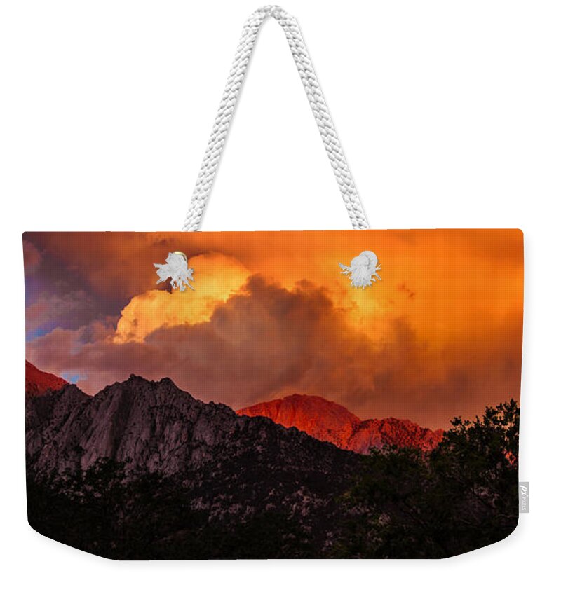 Mountain Top Sunrise With Orange Dramatic Storm Clouds Fine Art Photography Print Weekender Tote Bag featuring the photograph Mountain Top Sunrise With Orange Dramatic Storm Clouds by Jerry Cowart