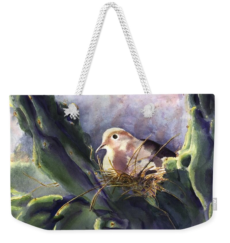 Doves Weekender Tote Bag featuring the painting Patience is a Virtue by Maria Hunt