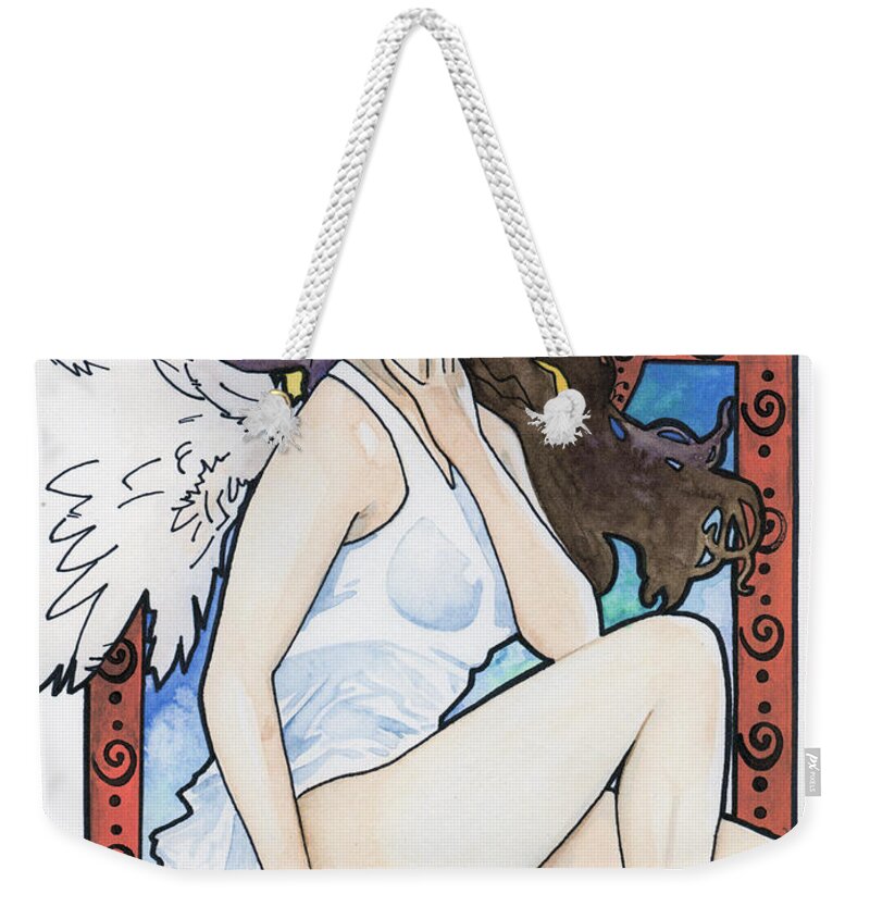 Mucha Weekender Tote Bag featuring the painting Mucha Angel by Sean Parnell