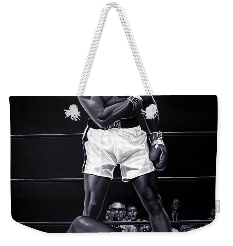 Mohammed Ali Versus Sonny Liston Weekender Tote Bag featuring the mixed media Muhammad Ali versus Sonny Liston by Meijering Manupix