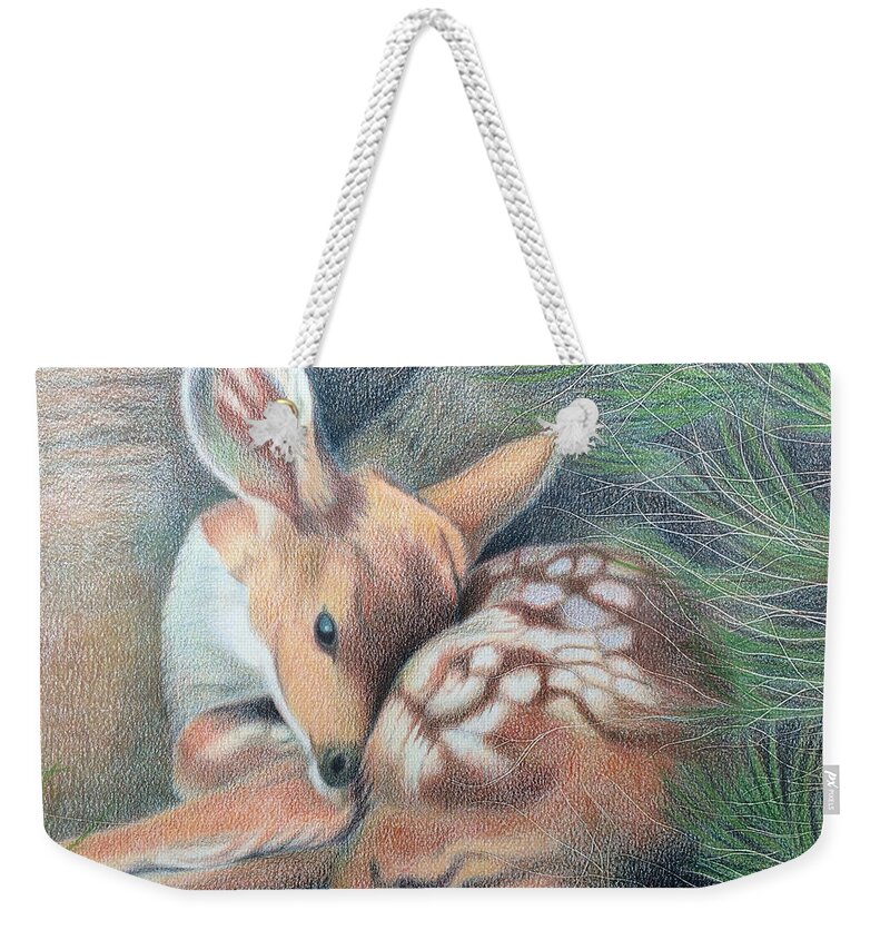 Art Weekender Tote Bag featuring the drawing Mule Deer Fawn by Dustin Miller