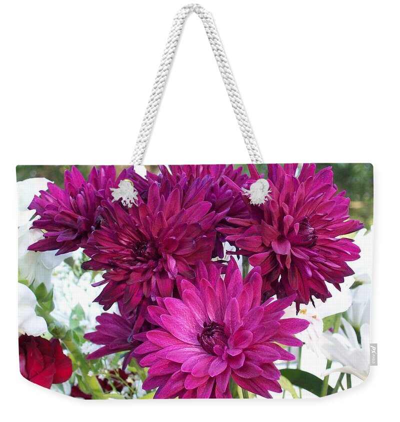 Bouquet Of Blooming Purple Mums. Weekender Tote Bag featuring the photograph Mums in the house by Belinda Lee