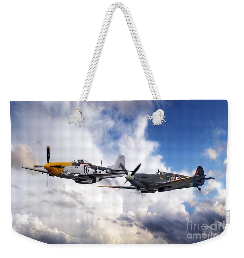 P51d Weekender Tote Bag featuring the digital art Mustang and Spitfire by Airpower Art
