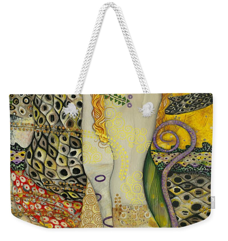 Advertising Weekender Tote Bag featuring the painting My acrylic painting as an interpretation of the famous artwork of Gustav Klimt - Water Serpents I by Elena Daniel Yakubovich