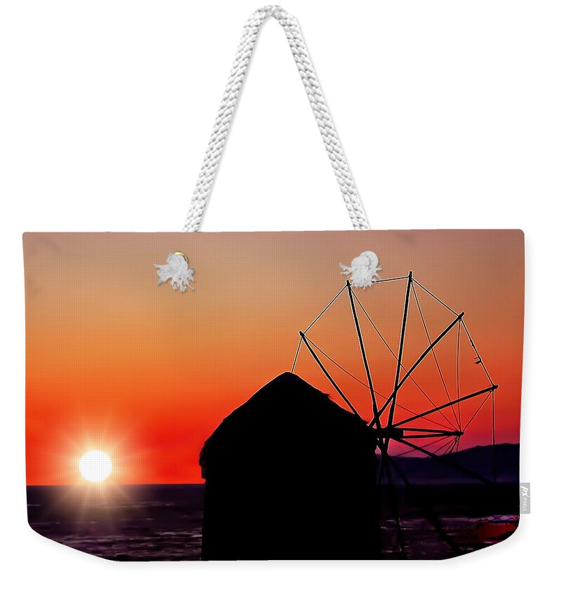 Greece Weekender Tote Bag featuring the photograph Mykonos Windmill in Orange Sunset by Mitchell R Grosky