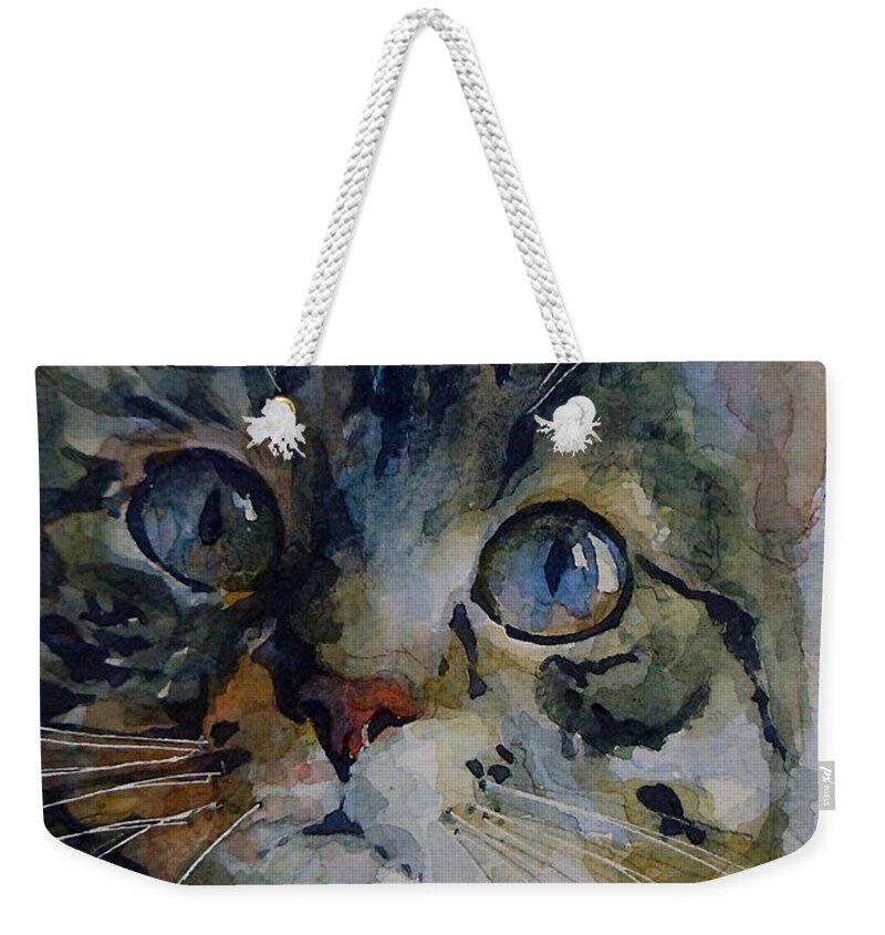 Tabby Weekender Tote Bag featuring the painting Mystery Tabby by Paul Lovering
