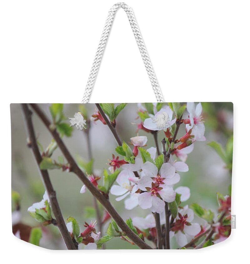 Portrait Weekender Tote Bag featuring the photograph Nanking Cherry Bush Blossoms by Donna L Munro