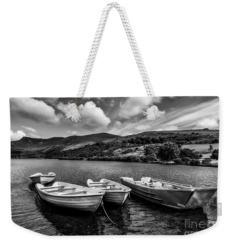 Llanllyfni Weekender Tote Bag featuring the photograph Nantlle Uchaf Boats by Adrian Evans
