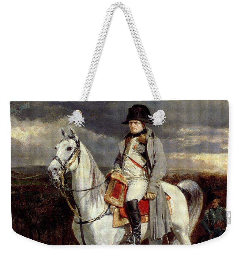 Napoleon Bonaparte (1769-1821); Equestrian Portrait; Uniform; Horse; Hat; Emperor; On Campaign; Male; Grey Coat; France Weekender Tote Bag featuring the painting Napoleon Bonaparte by Jean-Louis Ernest Meissonier