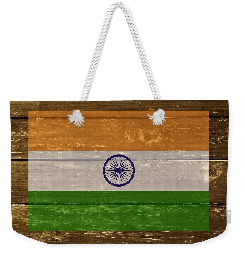 India Weekender Tote Bag featuring the digital art India National flag on Wood by Movie Poster Prints