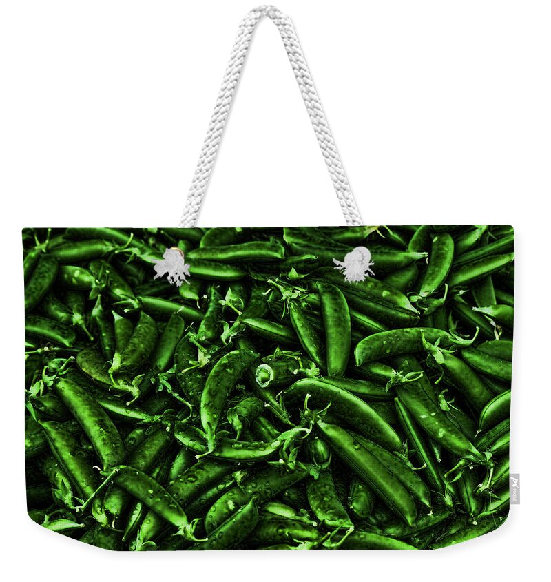 Peapods Weekender Tote Bag featuring the photograph Neon Green PeaPods by Cathy Anderson