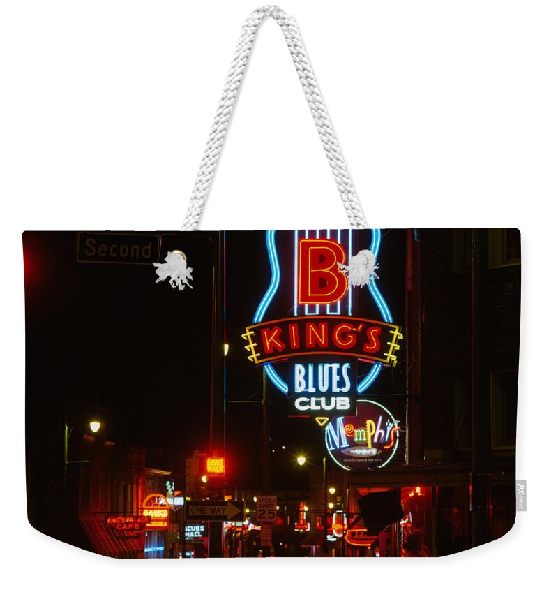 Photography Weekender Tote Bag featuring the photograph Neon Sign Lit Up At Night, B. B. Kings by Panoramic Images