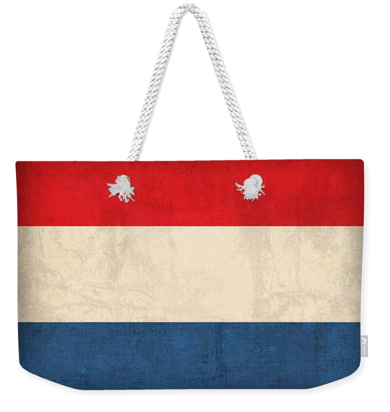 Netherlands Flag Vintage Distressed Finish Holland Europe Country Nation Dutch Weekender Tote Bag featuring the mixed media Netherlands Flag Vintage Distressed Finish by Design Turnpike