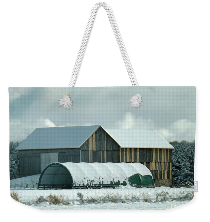 Cloud Weekender Tote Bag featuring the photograph New and old barn planks by Brenda Brown