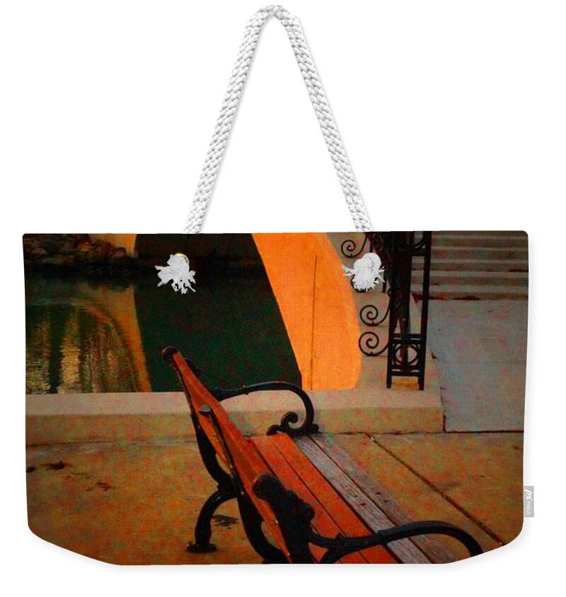  Weekender Tote Bag featuring the photograph New Bridge and Bench by Daniel Thompson