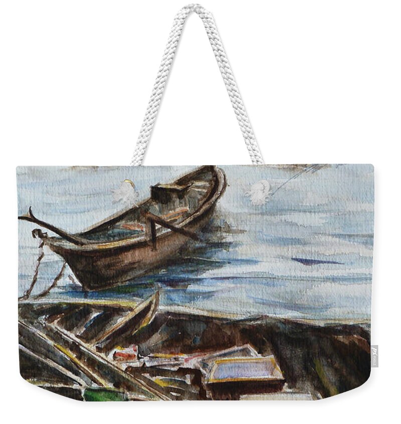 Boat Weekender Tote Bag featuring the painting New England Wharf by Xueling Zou