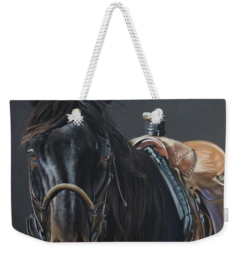 Equine Weekender Tote Bag featuring the pastel New Guy on the Job by Joni Beinborn