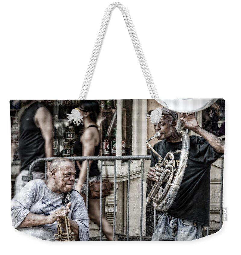 Louisiana Weekender Tote Bag featuring the photograph New Orleans Street Jam by Jim Shackett