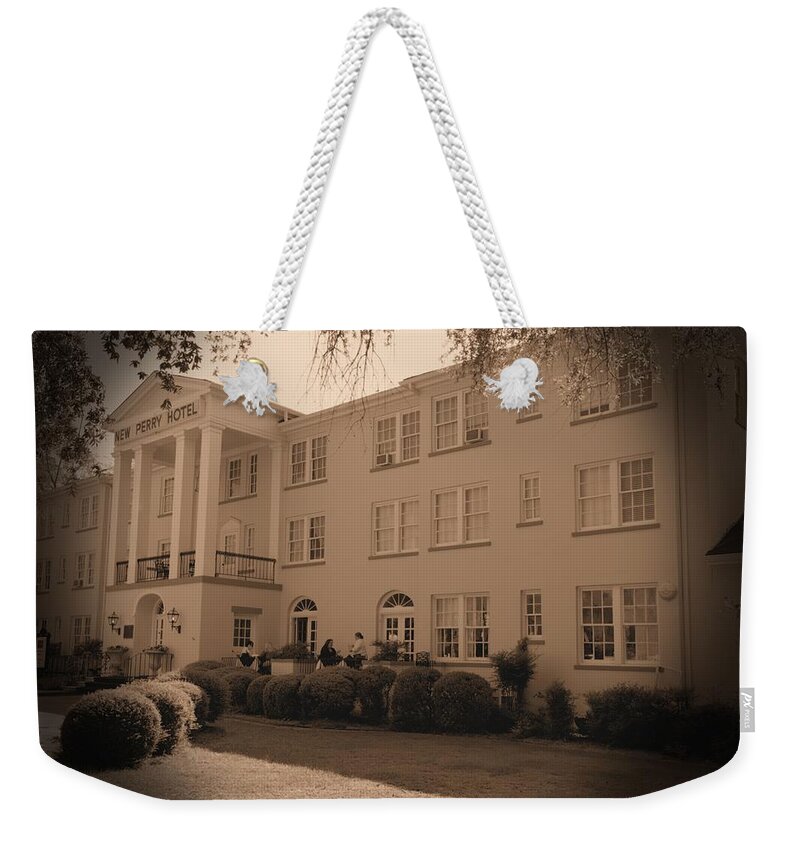 7006 Weekender Tote Bag featuring the photograph New Perry Hotel in Sepia by Gordon Elwell