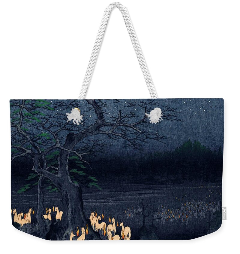 New Years Eve Weekender Tote Bag featuring the digital art New Years Eve Foxfires at the Changing Tree by Georgia Fowler