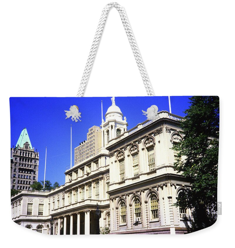 New York Weekender Tote Bag featuring the photograph New York City Hall in 1984 by Gordon James